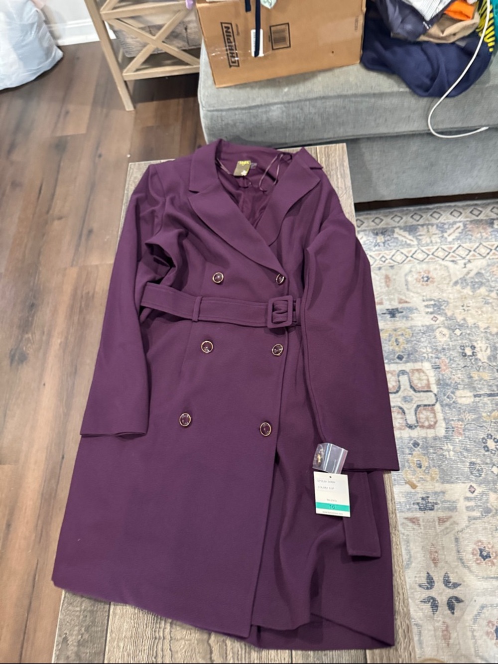 Taylor Double-Breasted Long Sleeve Trench Coat in Purple